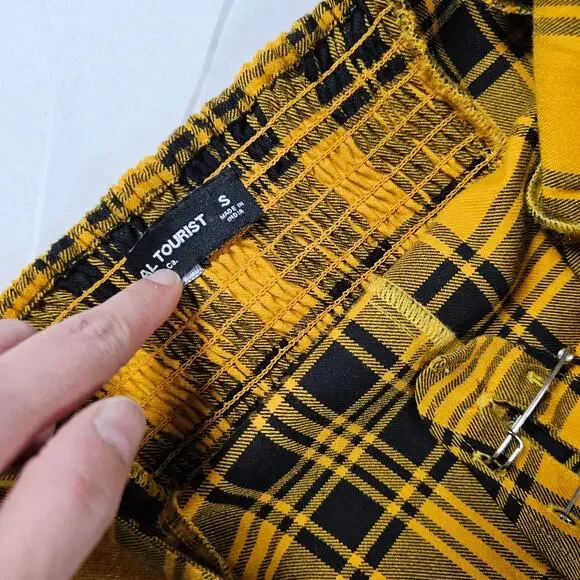 Social Tourist Yellow Plaid Strapless Mini Dress Womens S Smocked Back Lace Trim - Picture 4 of 5